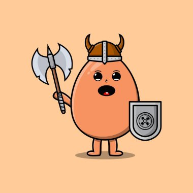 Şirin çizgi film karakteri kahverengi yumurta viking korsan şapkası ve baltası ve kalkanı var.