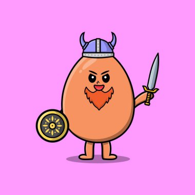 Şirin çizgi film karakteri kahverengi yumurta viking korsan şapkası ve kılıcı ve kalkanı var.