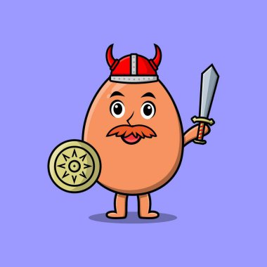 Şirin çizgi film karakteri kahverengi yumurta viking korsan şapkası ve kılıcı ve kalkanı var.