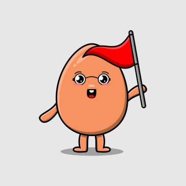 Şirin çizgi film kahverengi sevimli yumurta karakteri elinde 3D modern tasarımla üçgen bayrak tutuyor.