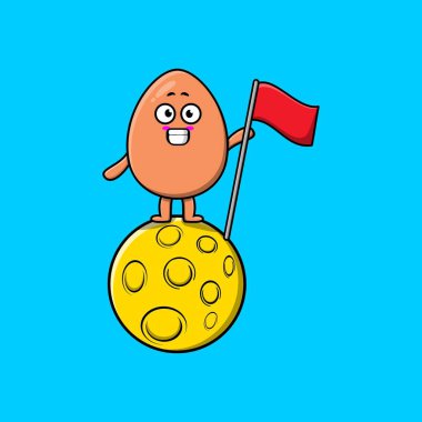 Sevimli çizgi film kahverengi sevimli yumurta karakteri Ay 'da bayrak sallıyor.