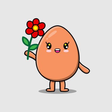 3 boyutlu çizgi film tarzında kırmızı çiçek tutan sevimli kahverengi yumurta karakteri.