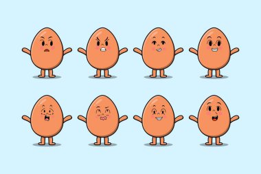 Kawaii kahverengi şirin yumurta çizgi film karakterini çizgi film yüz vektörünün farklı ifadeleriyle ayarla