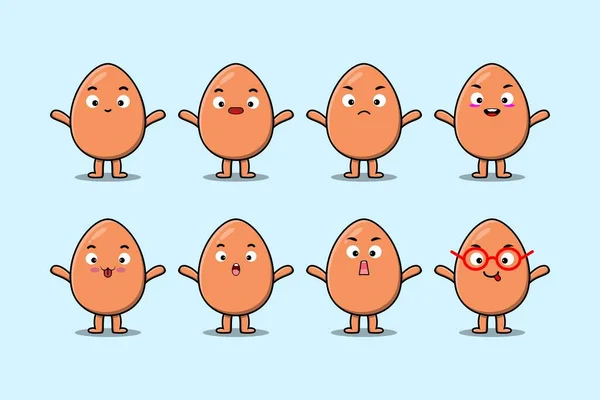 Set Kawaii Marrón Lindo Personaje Dibujos Animados Huevo Con Diferentes — Vector de stock