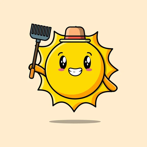 Cute Cartoon Agricultural Worker Sun Pitchfork Vector Image Cute Modern — Stock Vector