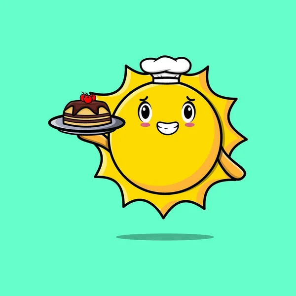 Симпатичный Персонаж Шеф Повара Мультфильма Солнце Подающий Торт Подносе Милый — стоковый вектор