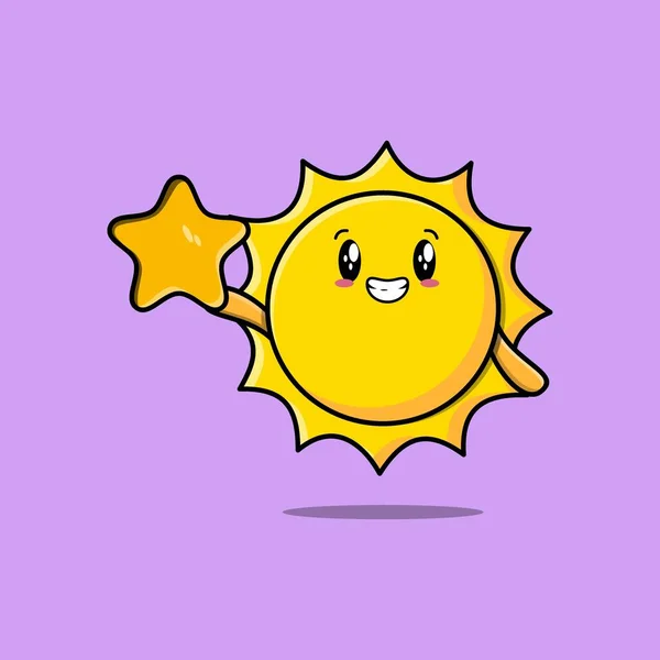 Cute Cartoon Sun Character Holding Big Golden Star Cute Modern — Stock Vector