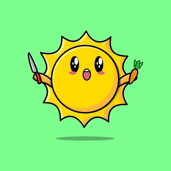 Cute Cartoon Sun Character Holding Knife Carrot Modern Style Design — Stock Vector