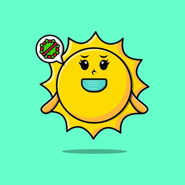 Cute Kreskówki Ilustracja Słońce Pomocą Maski Aby Zapobiec Wirusowi Korony — Wektor stockowy
