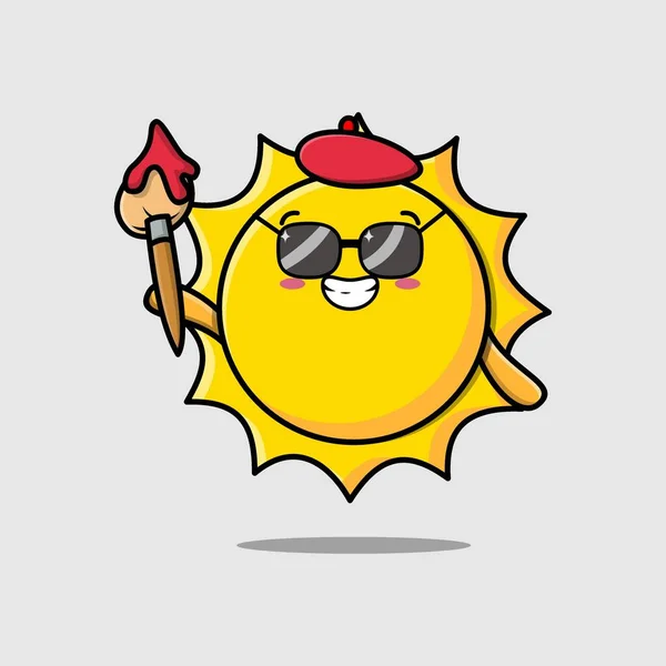 Lindo Personaje Dibujos Animados Sun Pintor Con Sombrero Cepillo Para — Vector de stock