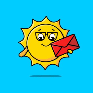 Çizgi film vektör illüstrasyon stili zarf tutan sevimli çizgi film güneşi
