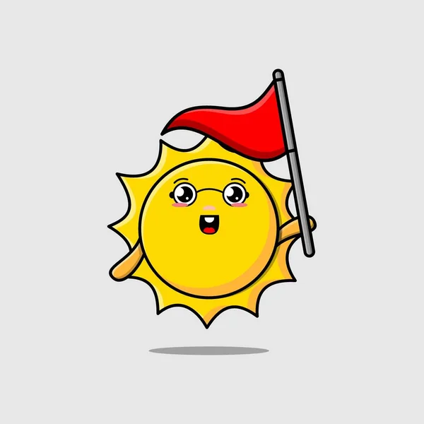 Desenhos Animados Bonitos Sun Personagem Segurando Bandeira Triângulo Design Moderno —  Vetores de Stock