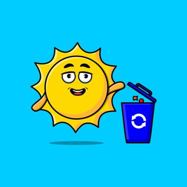 Üç boyutlu modern tarzda çöpe çöp atan sevimli çizgi film güneşi.