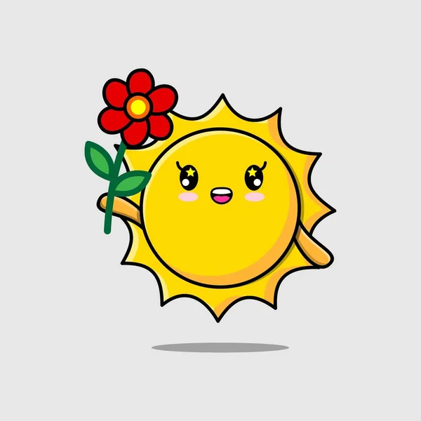 Lindo Personaje Dibujos Animados Sol Sosteniendo Flor Roja Concepto Estilo — Vector de stock