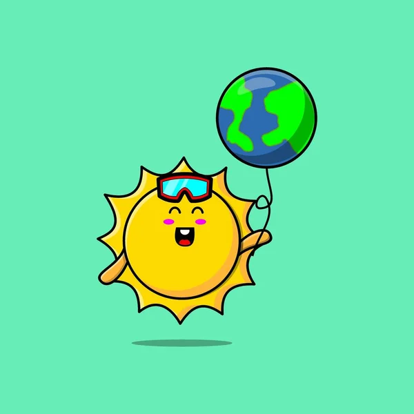 Nette Cartoon Sonne Schwebt Mit Welt Ballon Cartoon Vektor Illustration — Stockvektor