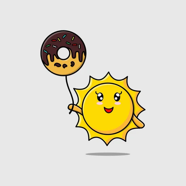 Cute Cartoon Sun Floating Donuts Balloon Cartoon Vector Illustration — Stock Vector