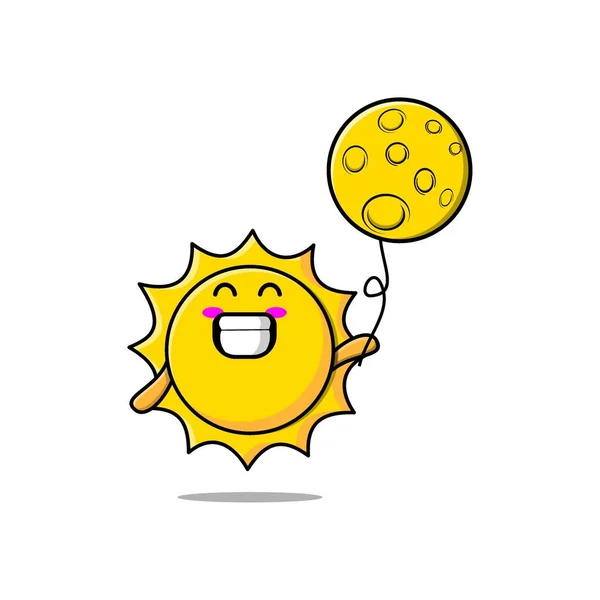 Mignon Dessin Animé Soleil Flottant Avec Lune Ballon Dessin Animé — Image vectorielle