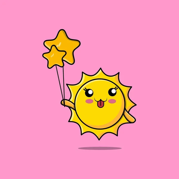 Cute Cartoon Sun Floating Star Balloon Cartoon Vector Illustration — Stock Vector