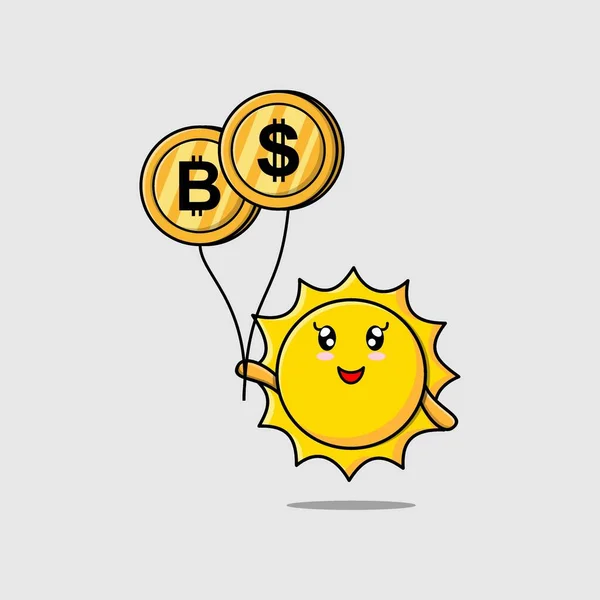 可爱的卡通太阳商人飘浮与金币气球卡通矢量插图 — 图库矢量图片
