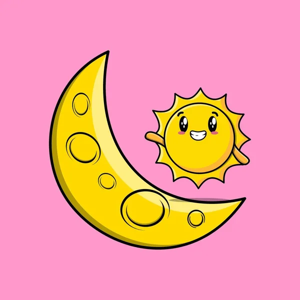 Carino Personaggio Del Fumetto Sun Piedi Sulla Luna Crescente Design — Vettoriale Stock