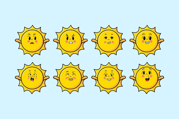 Nastavit Kawaii Slunce Kreslený Znak Různými Výrazy Kreslené Tváře Vektorové — Stockový vektor