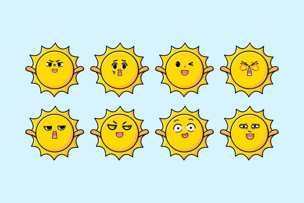 Nastavit Kawaii Slunce Kreslený Znak Různými Výrazy Kreslené Tváře Vektorové — Stockový vektor