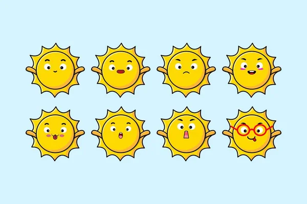 Set Kawaii Sun Cartoon Character Different Expressions Cartoon Face Vector — Stock Vector