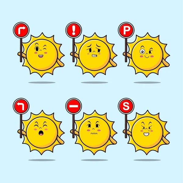 Schattige Zon Cartoon Karakter Houden Verkeersbord Moderne Stijl Ontwerp — Stockvector