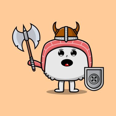 Sevimli çizgi film karakteri Suşi Viking korsanı şapkası ve baltası ve kalkanı modern tasarımda.