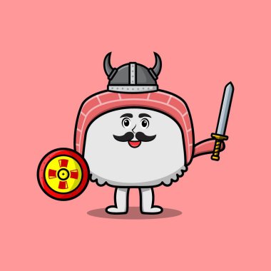 Sevimli çizgi film karakteri Suşi Viking korsanı şapkası ve kılıcı ve kalkanı var.