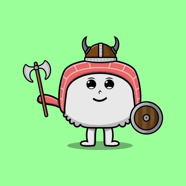 Mignon Personnage Dessin Animé Sushi Pirate Viking Avec Chapeau Hache — Image vectorielle