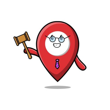 Sevimli maskot karakteri. Hakim lokasyonu. Gözlük takıyor ve elinde çekiç tutuyor.