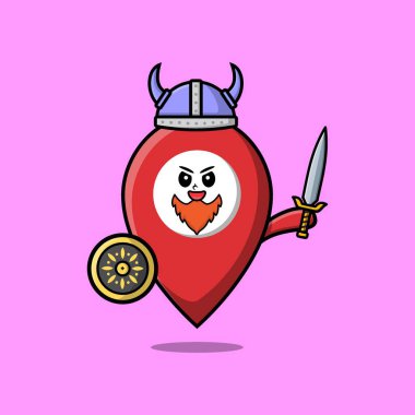 Sevimli çizgi film karakteri. Pin konumu. Şapkalı, kılıç tutan ve kalkan tutan Viking korsanı.