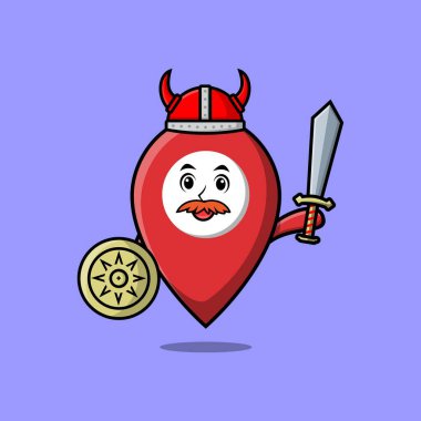 Sevimli çizgi film karakteri. Pin konumu. Şapkalı, kılıç tutan ve kalkan tutan Viking korsanı.