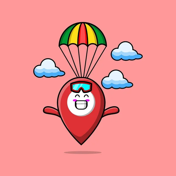 Carino Mascotte Cartone Animato Posizione Pin Paracadutismo Con Paracadute Gesto — Vettoriale Stock