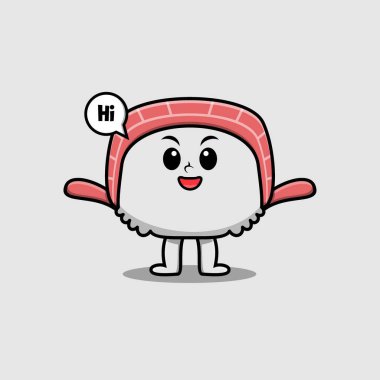 Modern stil tasarımında mutlu ifadesi olan şirin bir çizgi film suşi karakteri.