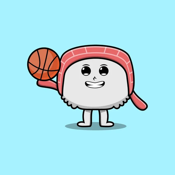 Carino Personaggio Sushi Cartone Animato Giocare Basket — Vettoriale Stock