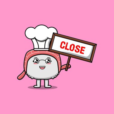 Tatlı çizgi film suşi şefi karakter kavram düz çizgi film tarzı yakın tabela tasarımları tutuyor.