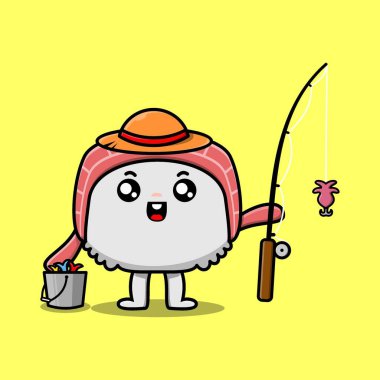 Şirin çizgi film suşisi balık tutmaya hazır balıkçı malzemesi giyip konsept düz stil çizgi film karakteri.