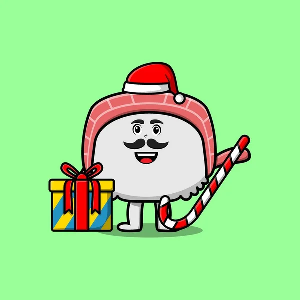 Cute Cartoon Sushi Santa Clause Character Bringing Candy Cane Boxes — Stock Vector