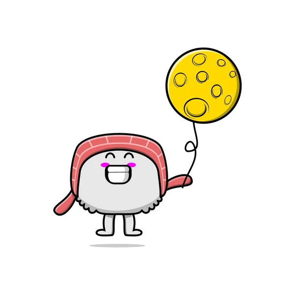 Niedliche Cartoon Sushi Schwebt Mit Mond Ballon Cartoon Vektor Illustration — Stockvektor