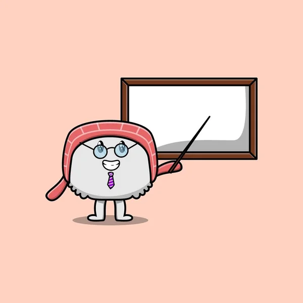 Cute Cartoon Sushi Teacher Character Teaching Whiteboard Flat Cartoon Style — Stock Vector