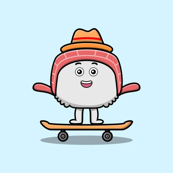 Söt Tecknad Sushi Stående Skateboard Med Tecknad Vektor Illustration Stil — Stock vektor