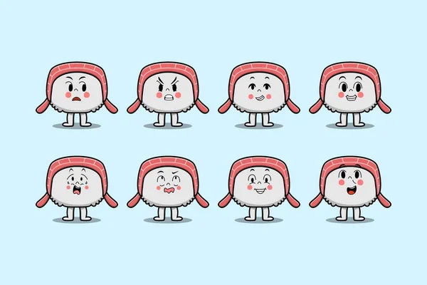 Set Kawaii Sushi Personaje Dibujos Animados Con Diferentes Expresiones Ilustraciones — Vector de stock