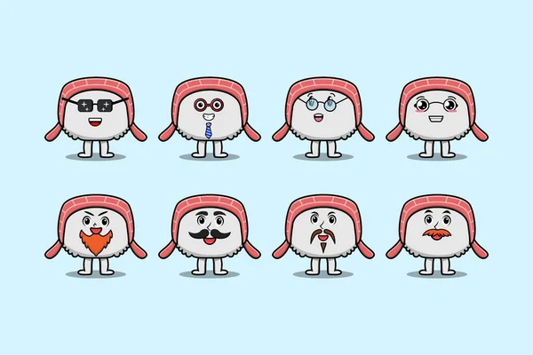 Set Kawaii Sushi Personaggio Dei Cartoni Animati Con Diverse Espressioni — Vettoriale Stock