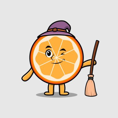 Tatlı çizgi film cadısı. Şapkası ve süpürgesi olan turuncu meyve karakteri.