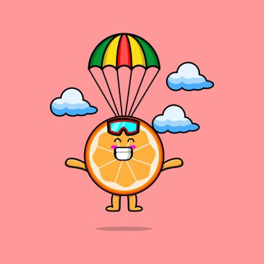 Şirin maskot çizgi filmi Portakal meyvesi paraşüt ve mutlu bir jest ile modern tarzda paraşütle atlıyor.