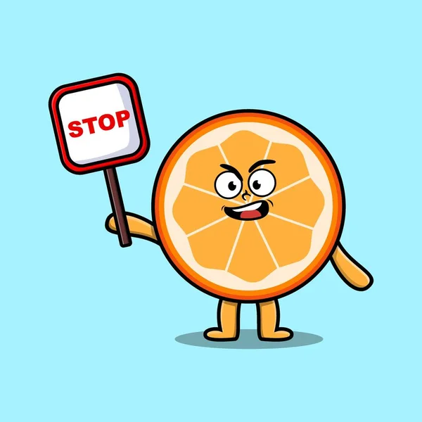 可爱的卡通吉祥物 带有停止标志的橙色水果 — 图库矢量图片