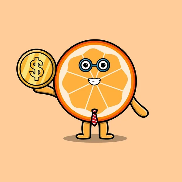 Orange Owoce Sukces Biznesmen Gospodarstwa Złoty Moneta Kreskówka Wektor Obraz — Wektor stockowy