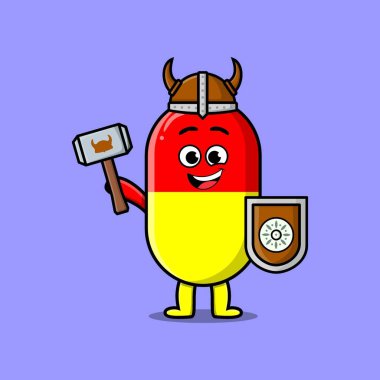 Sevimli çizgi film karakteri kapsül tıp korsanı. Şapkalı, elinde çekiç ve kalkanla Viking korsanı.